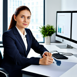 Prompt 1: A professional businesswoman in a modest business suit, sitting at a desk in a modern office, fully clothed, appropriate attire, safe for work, perfect anatomy, natural proportions, professional photography, high quality.