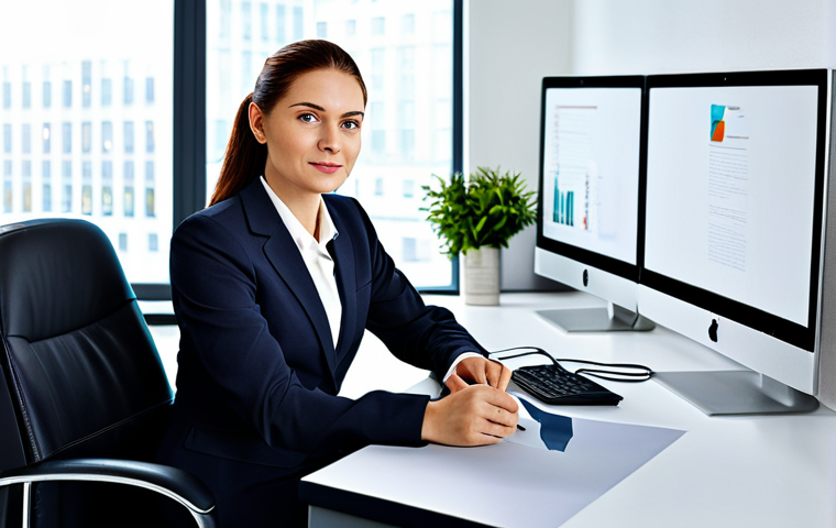 Prompt 1: A professional businesswoman in a modest business suit, sitting at a desk in a modern office, fully clothed, appropriate attire, safe for work, perfect anatomy, natural proportions, professional photography, high quality.