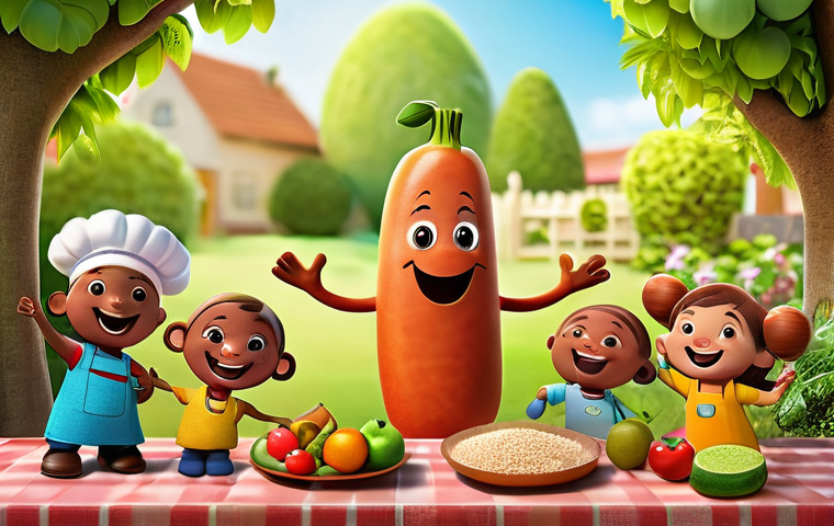 코코몽의 상업적 성공 분석 - A joyful and colorful scene featuring Cocomong, the sausage-shaped character, alongside his friends ...