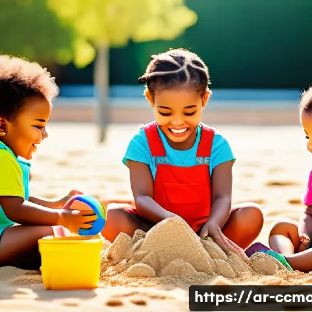 코코몽 스토리의 교육적 가치 - **A group of diverse toddlers are playing in a sunlit park. They are building a sandcastle, laughing...