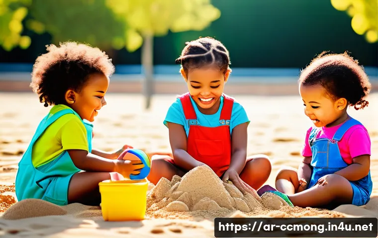 코코몽 스토리의 교육적 가치 - **A group of diverse toddlers are playing in a sunlit park. They are building a sandcastle, laughing...