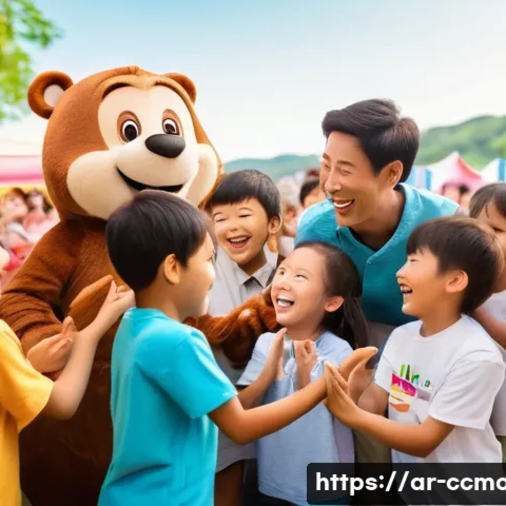코코몽 팬미팅 후기 - **Prompt:** A heartwarming scene at a brightly lit children's festival, featuring the beloved charac...