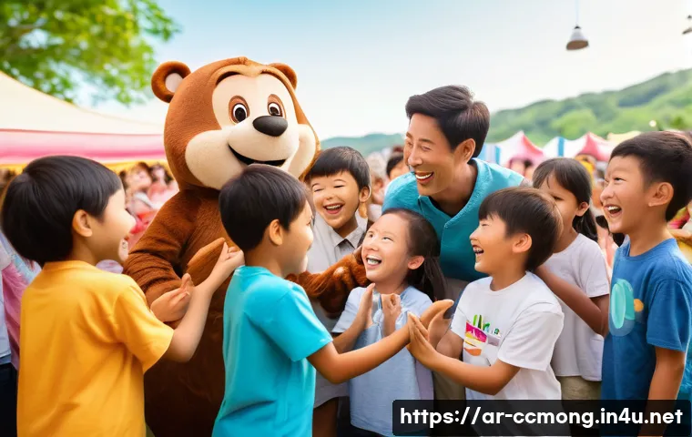 코코몽 팬미팅 후기 - **Prompt:** A heartwarming scene at a brightly lit children's festival, featuring the beloved charac...