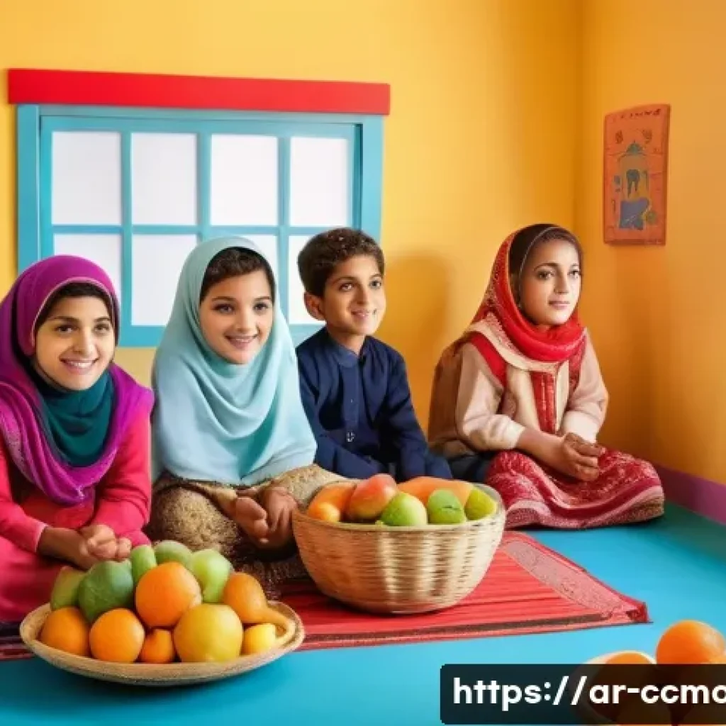 코코몽과 어린이 식습관 개선 - A vibrant and cheerful scene featuring a group of young Arabic children, aged around 5 to 7, sitting...
