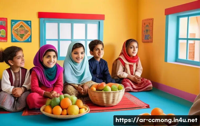 코코몽과 어린이 식습관 개선 - A vibrant and cheerful scene featuring a group of young Arabic children, aged around 5 to 7, sitting...