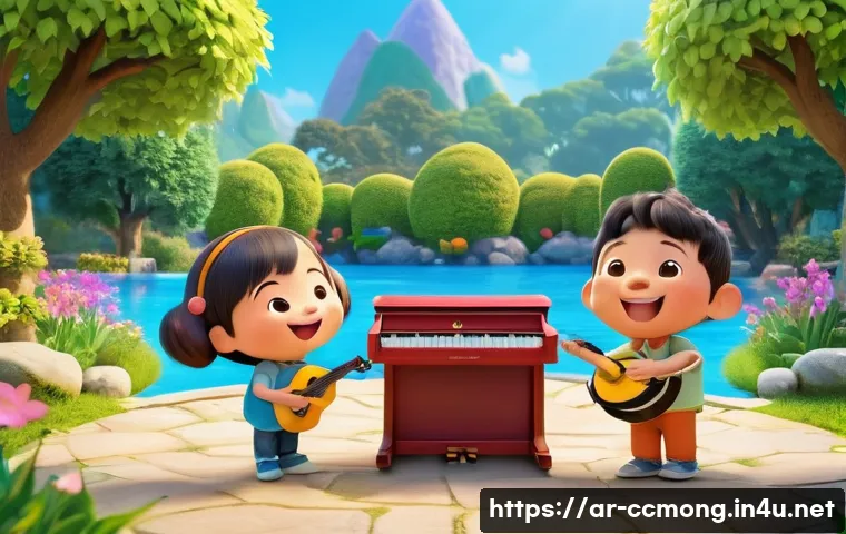 코코몽 메인 배경음악 - A vibrant animated scene featuring the cheerful characters of "Cocomong" playing musical instruments...