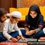 Home 21 코코몽의 창의성 교육 효과 - A vibrant scene of Arab children engaged in an interactive educational game on a tablet, sitting tog...