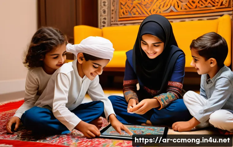 코코몽의 창의성 교육 효과 - A vibrant scene of Arab children engaged in an interactive educational game on a tablet, sitting tog...