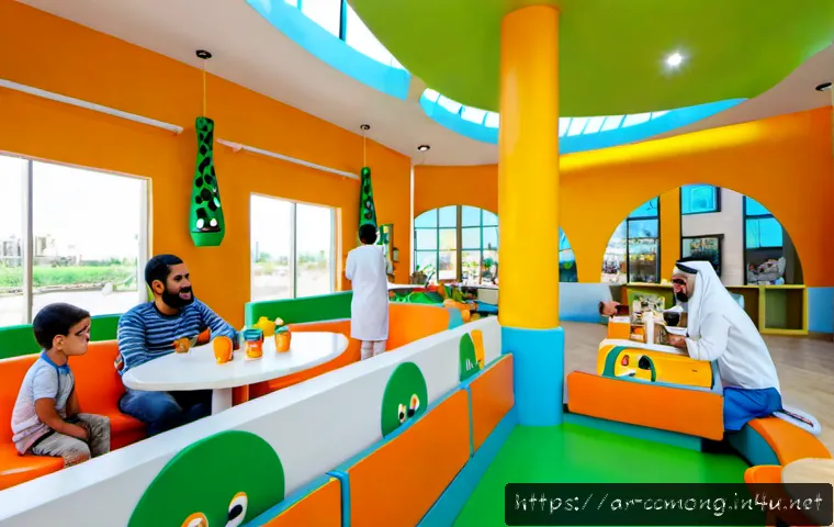 코코몽 키즈카페 인테리어 - Photorealistic modern kids café interior inspired by cheerful vegetable-and-animal adventure themes,...